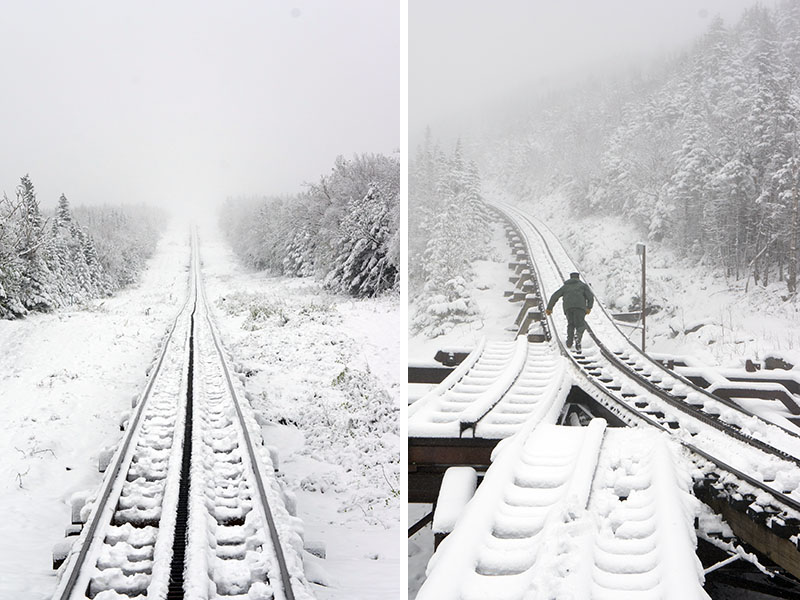 Snowing on the cog railway, Mount Washington, New Hampshire