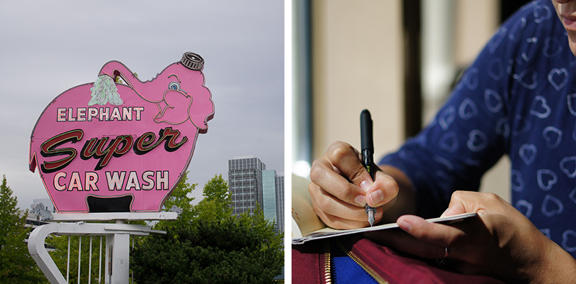 Seattle, éléphant rose et carnet de notes